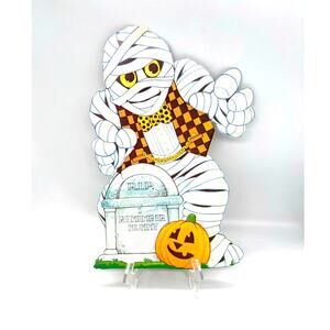 Vintage USA Halloween Die Cut Mummy at Grave Decoration Double Sided 14"x10" #1